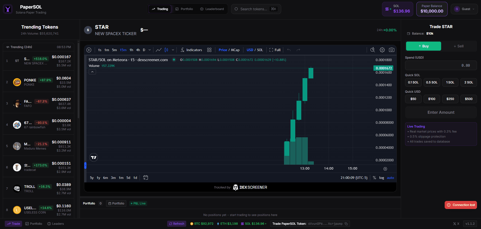 PaperSol desktop trading view with a live candlestick chart and order panel