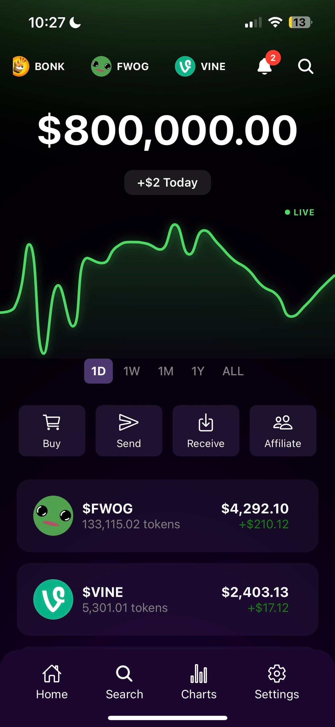 STELLAR home screen with portfolio balance and live chart